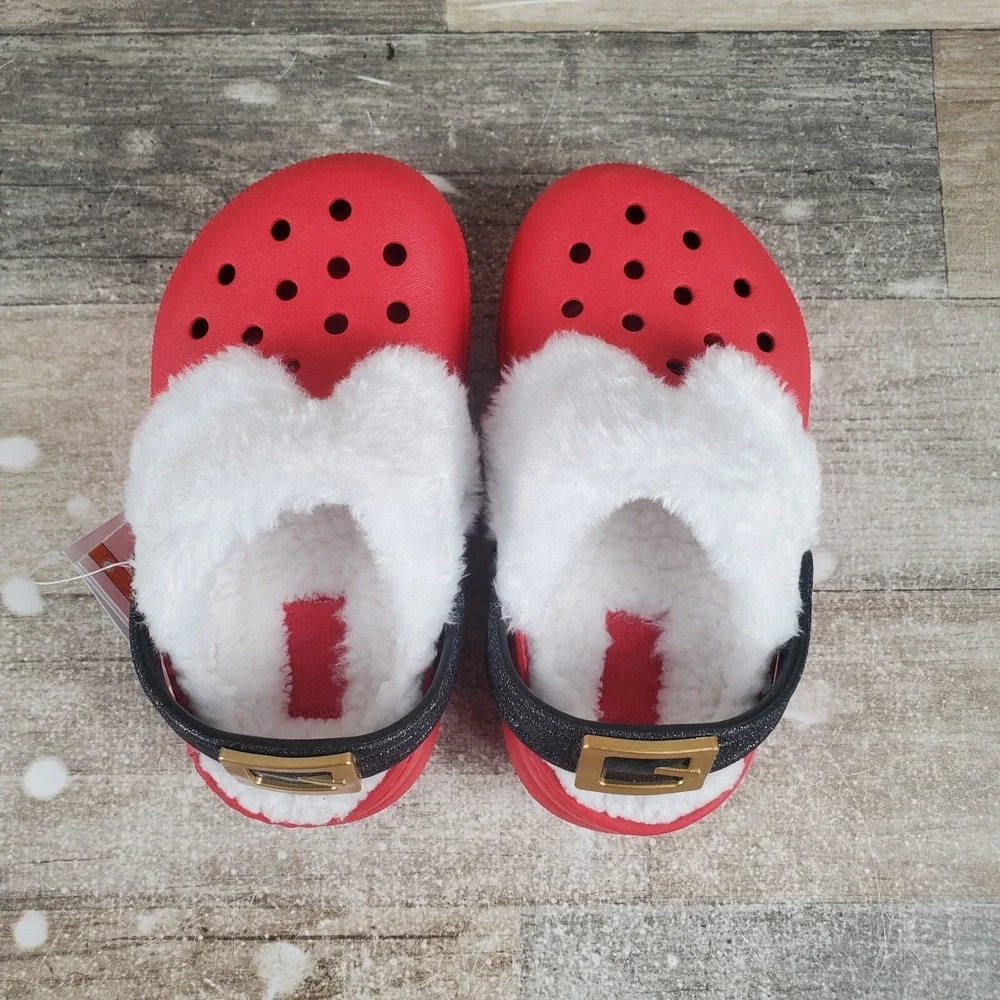 Crocs Classic Lined Santa Kids Clogs Sz 8 C8 Red Rubber Slip-On Slingback Shoes
